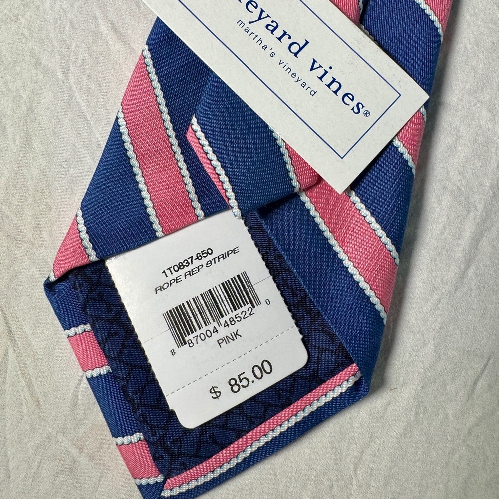 NWT Vineyard Vines Mens 100% Silk Tie Made in USA Blue Pink Rope Rep Striped 58” - Picture 3 of 10